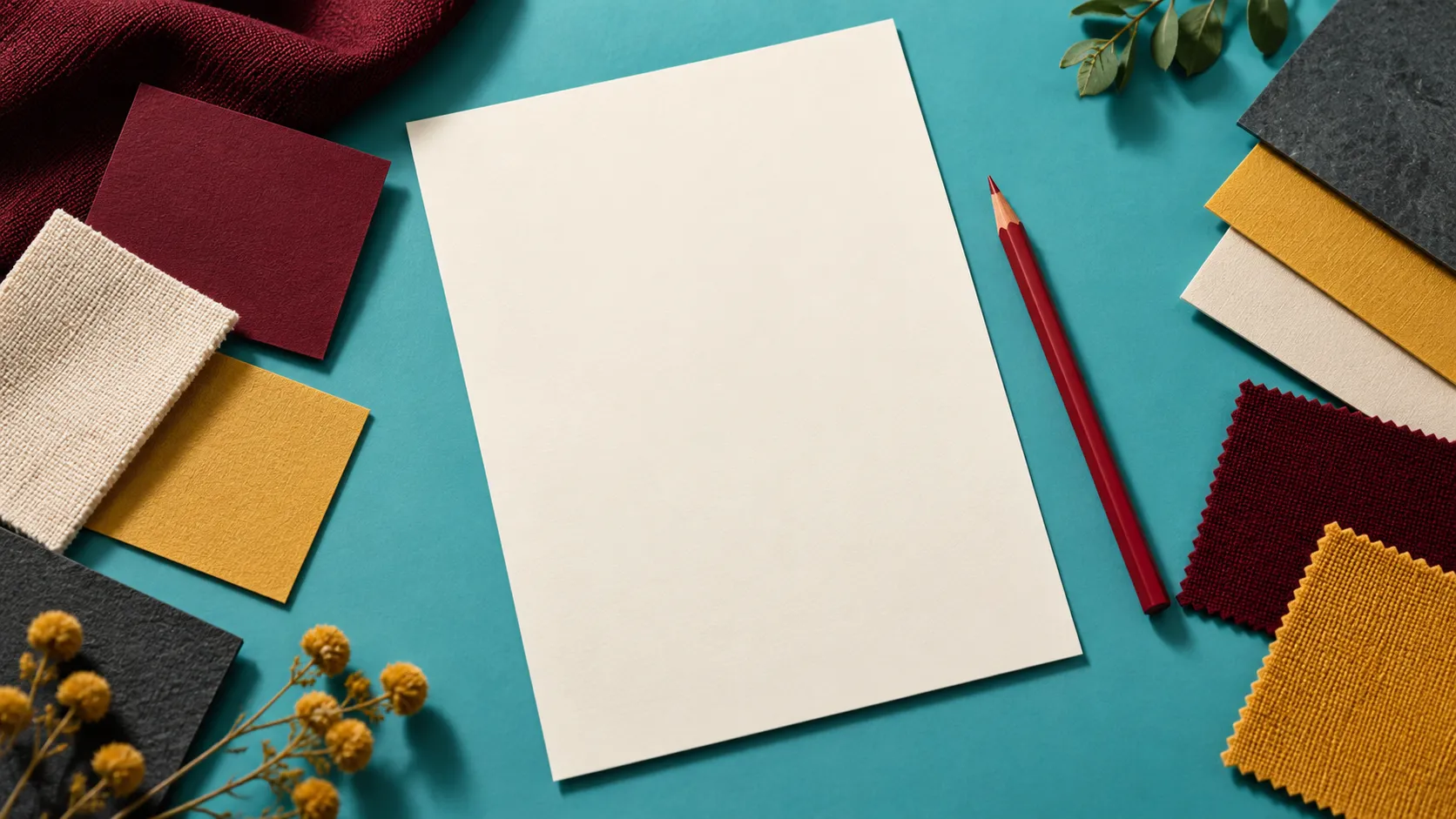 A blank ivory sheet, red pencil and selected material swatches on cyan illustrate the inputs to a creative branding brief.
