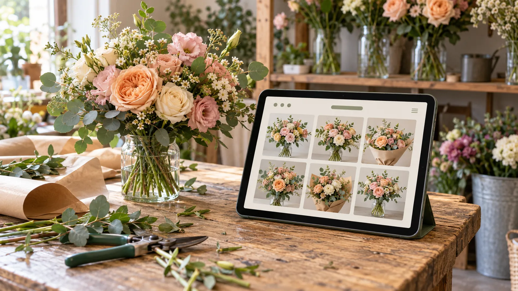 A tablet displays a bouquet shop layout beside fresh flowers, kraft wrapping paper and pruning shears on a florist’s workbench.