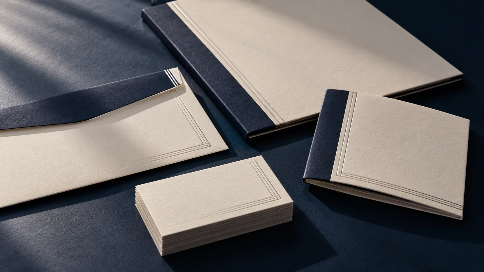 Coordinated cream and navy stationery with an envelope, folder, brochure and embossed business cards.