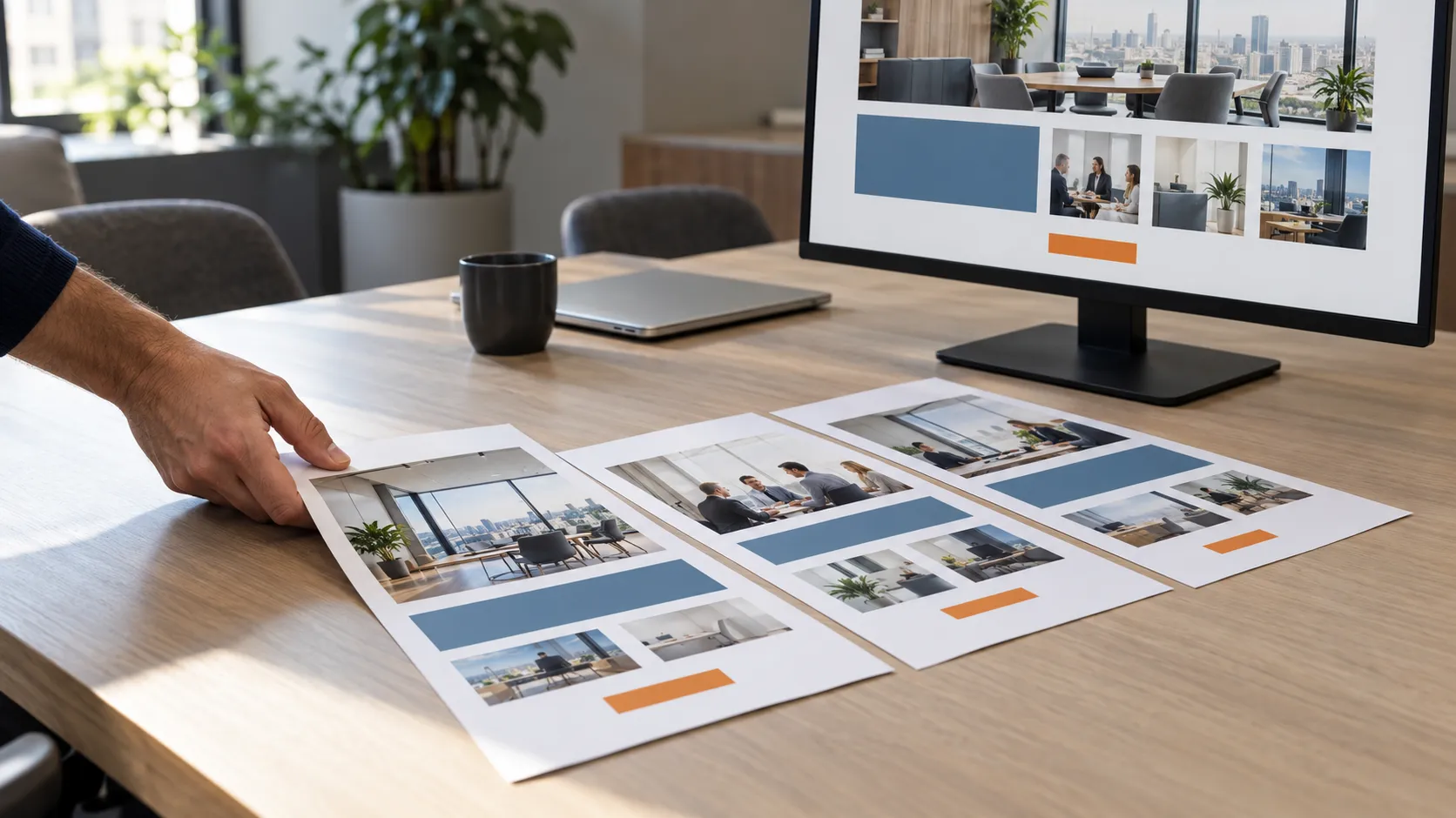 A hand arranges printed professional-services website layouts beside a monitor showing a matching blue-and-orange page design.