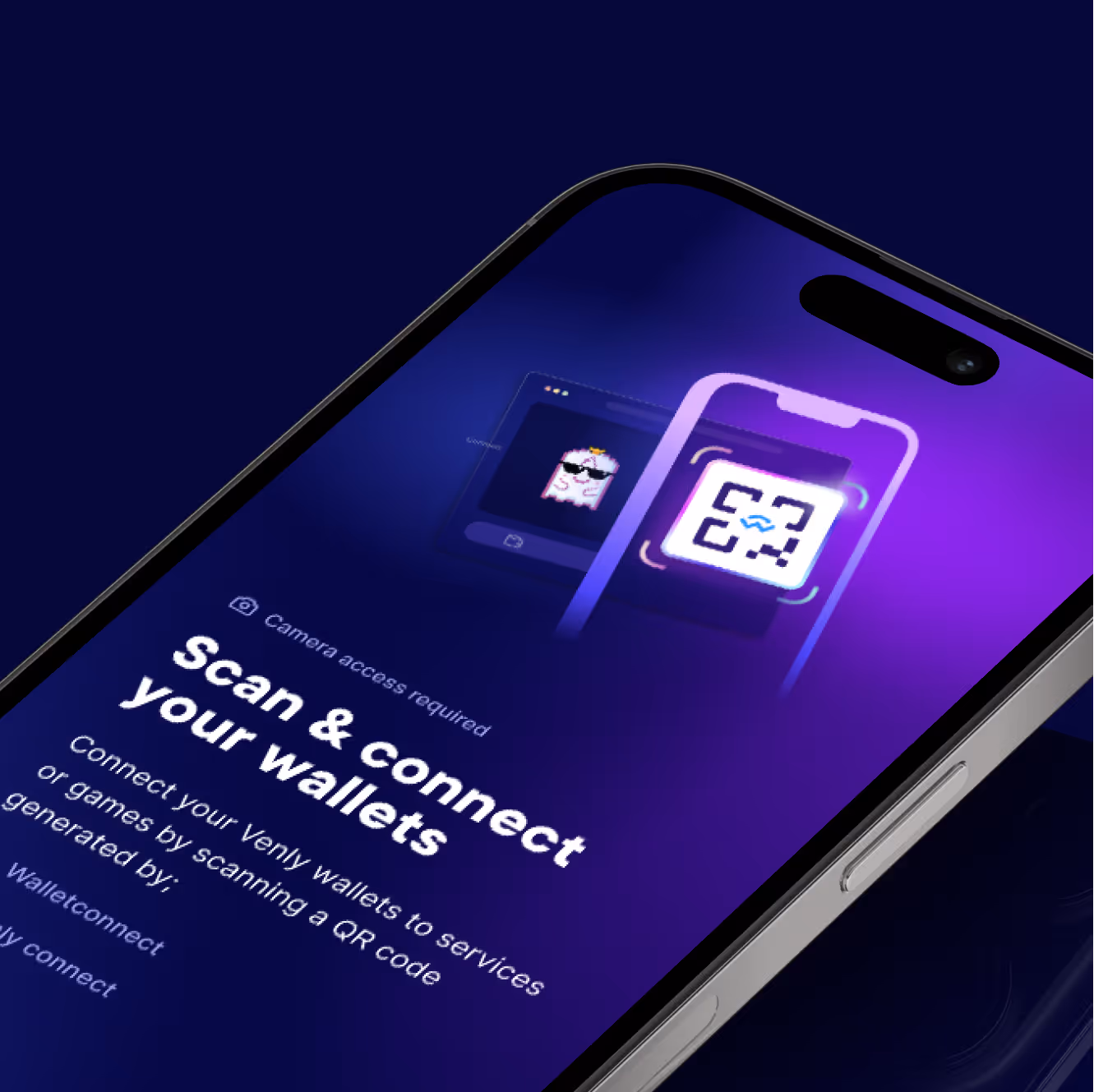 Smartphone screen showing an app interface with instructions to scan and connect wallets using a QR code.