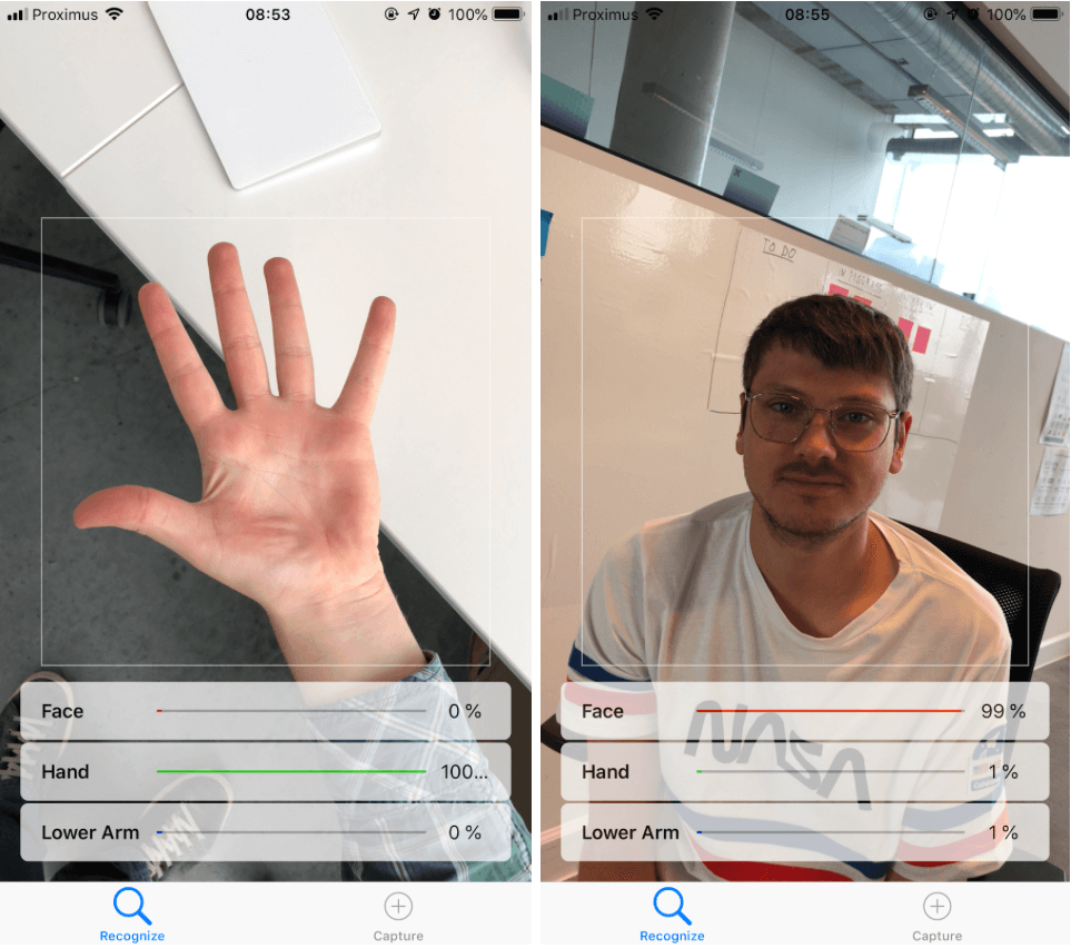 A hand and face being recognized by the program