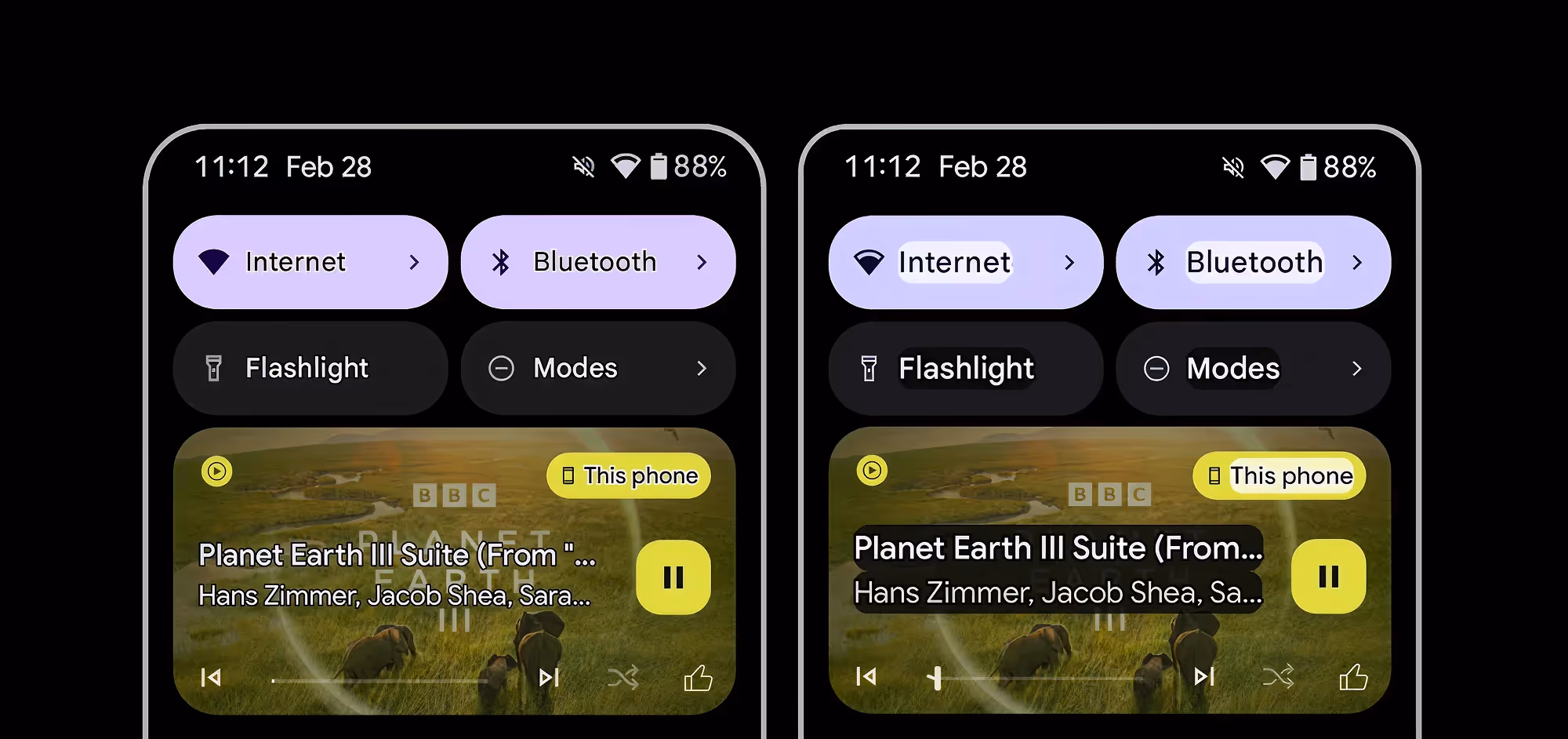 Comparison of Android quick settings before and after enabling Android 16's new Outline Text accessibility feature. The left side shows standard text with low contrast and faint borders. The right side shows improved text with bold outlines, increasing contrast and legibility against a dark background. Elements include Internet, Bluetooth, Flashlight, Modes, and a music player with the song 'Planet Earth III Suite.' The image demonstrates how Outline Text enhances readability for users with visual impairments.