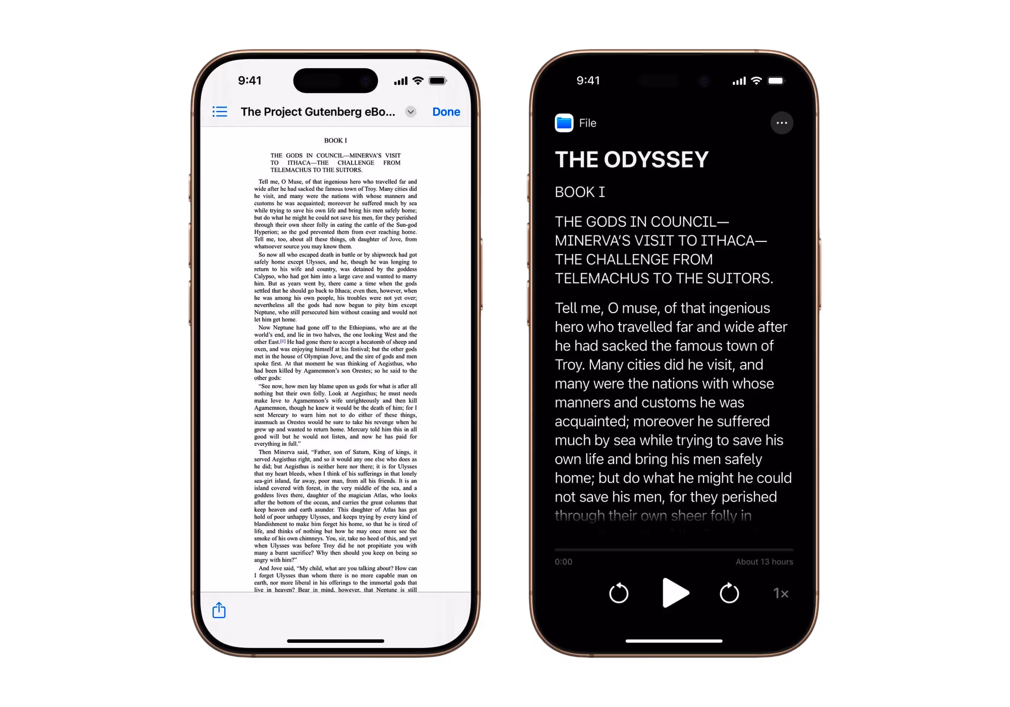 Side-by-side image of two iPhones demonstrating Apple's new Accessibility Reader mode. The left phone shows a densely packed page of small text in a traditional eBook format. The right phone displays the same content in Accessibility Reader mode: large, high-contrast white text on a black background with clear spacing. The interface includes playback controls at the bottom, indicating the text can be read aloud.