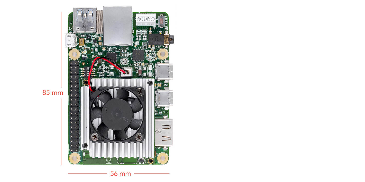 The Coral Dev Board with a height of 85mm and width of 56mm
