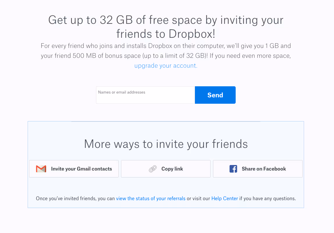 Dropbox friend invite incentivized program