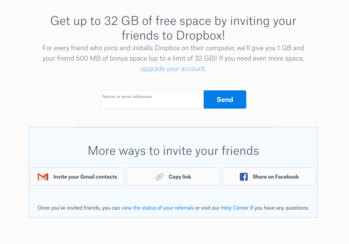 Dropbox friend invite incentivized program