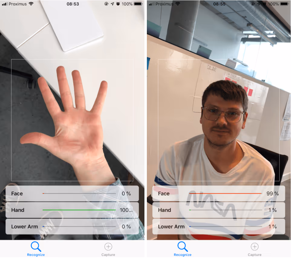 A hand and face being recognized by the program