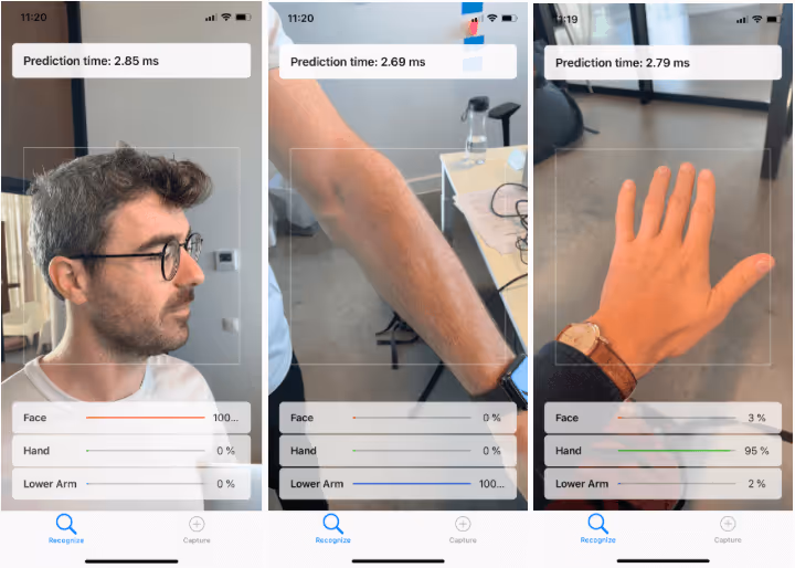 A recognition of a face (2.85 ms), of a lower arm (2.69 ms) and of a hand (2.79 ms) by the iPhone XS
