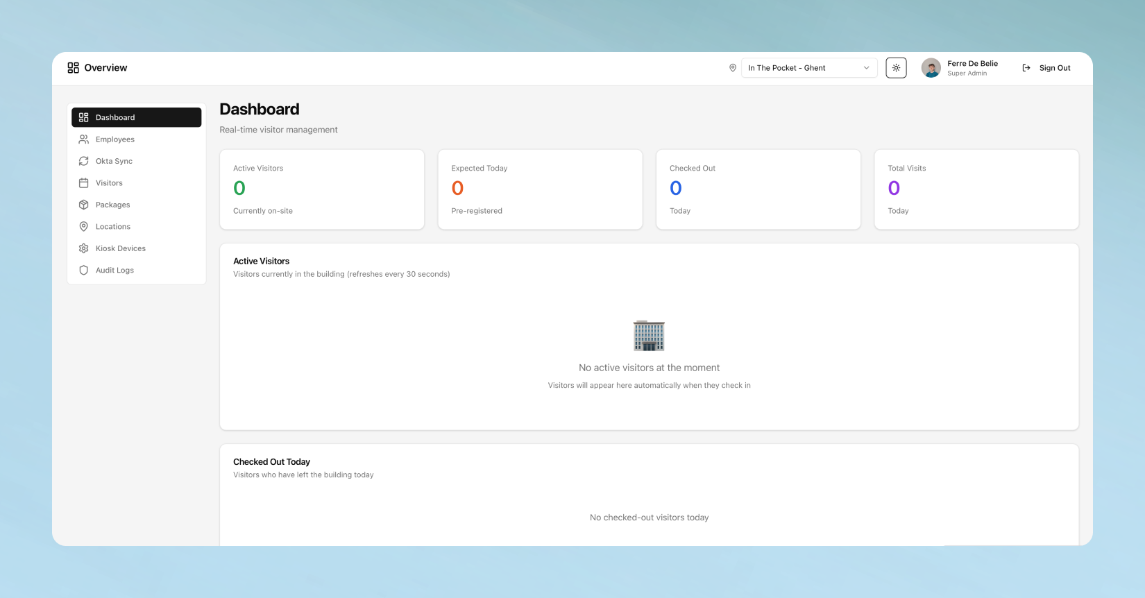 A screenshot of the registration system. it shows a dashboard, with statistics. It also shows packages, locations, kiosk devices, and more settings.