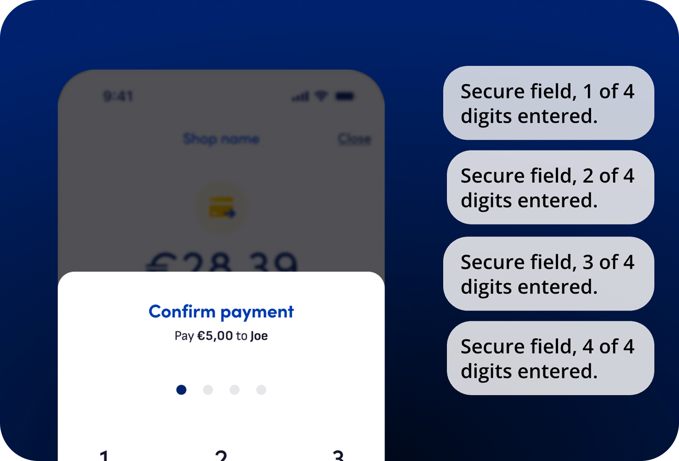 A screenshot showing a payment confirmation screen, that reads: "Confirm payment. Pay €5 to Joe." The user still needs to confirm with a PIN. The text notifications read: "Secure field, 1 of 4 digits entered." (And so forth.)
