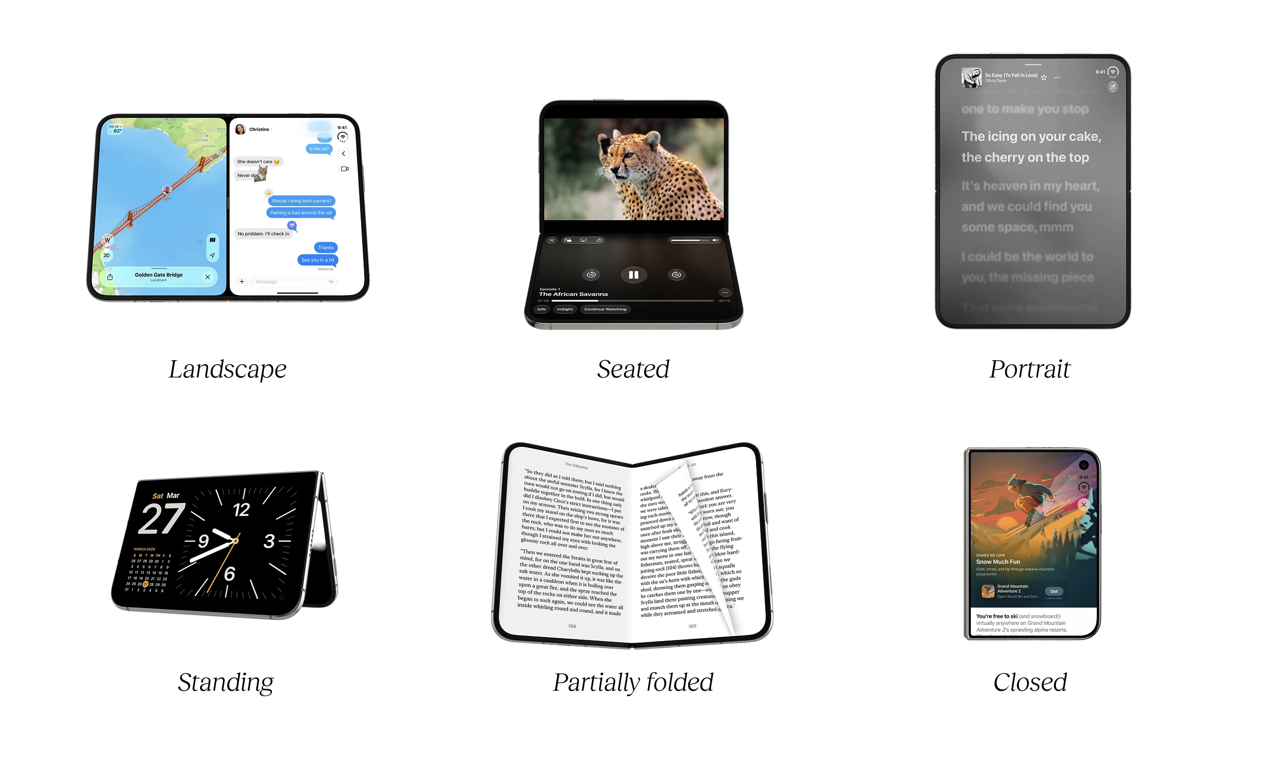 Six iPhone Duo poses, each with an app adapted to it: Landscape shows Maps and Messages side by side; Seated plays a nature video on the top screen, controls on the bottom screen; Portrait shows the Apple Music app with lyrics; Standing displays a clock widget on the outer screen; Partially folded shows an ebook like an open book; Closed shows the App Store on the outer display.