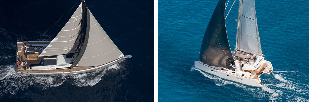 Vista aerea di uno yacht a vela Oceanis in mare aperto a sinistra e Un catamarano a vela naviga a bassa velocità in un mare blu.