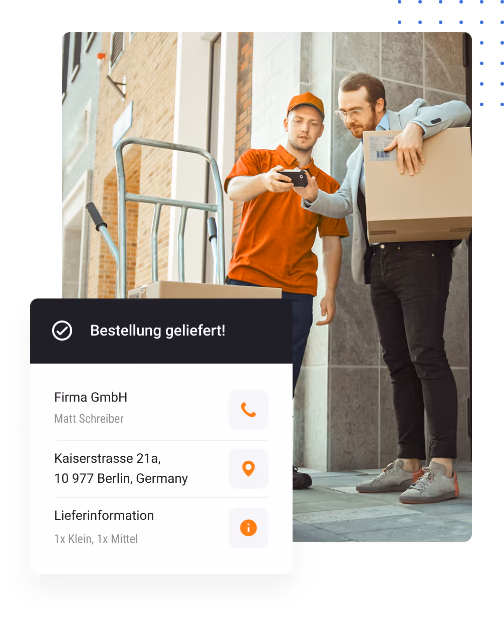 Eine Lieferung wird übergeben. Auf der Handy des Fahrers kann der Kunde mit der Cito App unterschreiben. Bestellung erfolgreich geliefert!