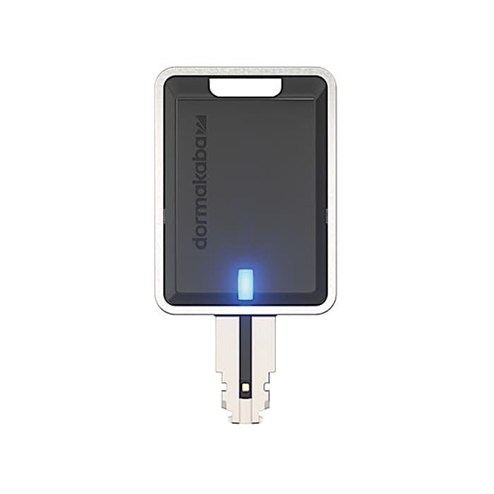 dormakaba skyra battery-free electronic key, shown as the handheld credential that opens skyra smart cylinders and padlocks.