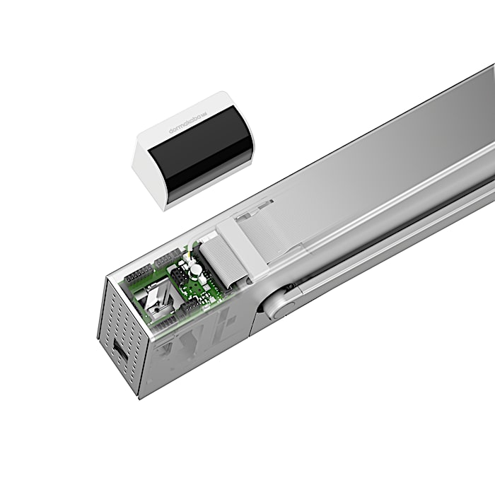 dormakaba MotionIQ radar sensor module and swing door operator housing on white, showing the unit that controls ED 100 and ED 250 doors.