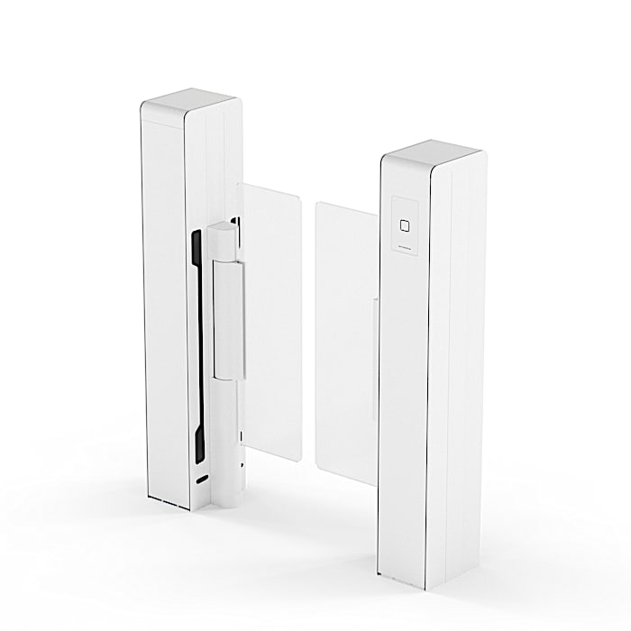 Pair of Argus V60 sensor barriers in true white finish, showing the slim 240 mm housing depth of the speed gate.