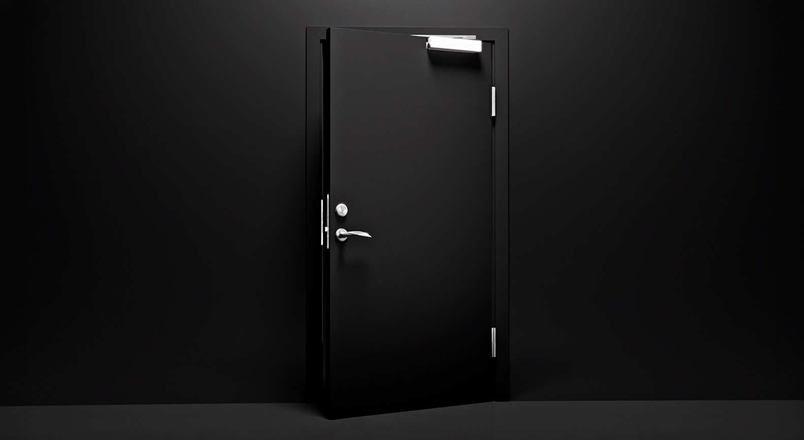 Black door on a dark set fitted with dormakaba door closer, lever handle and hinges, showing the ONE door idea of sourcing every door component from one supplier.