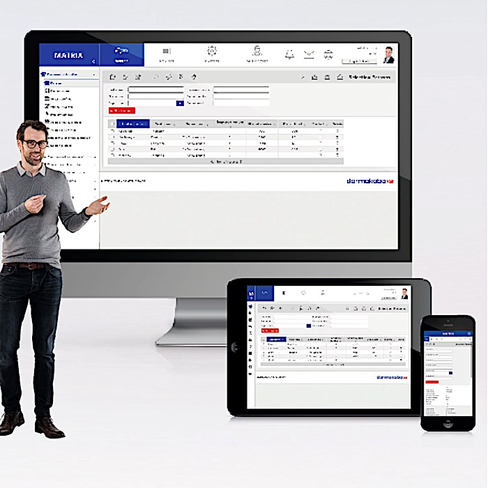 MATRIX ONE access control interface shown on desktop, tablet and phone, illustrating the web-based system for small and medium enterprises.