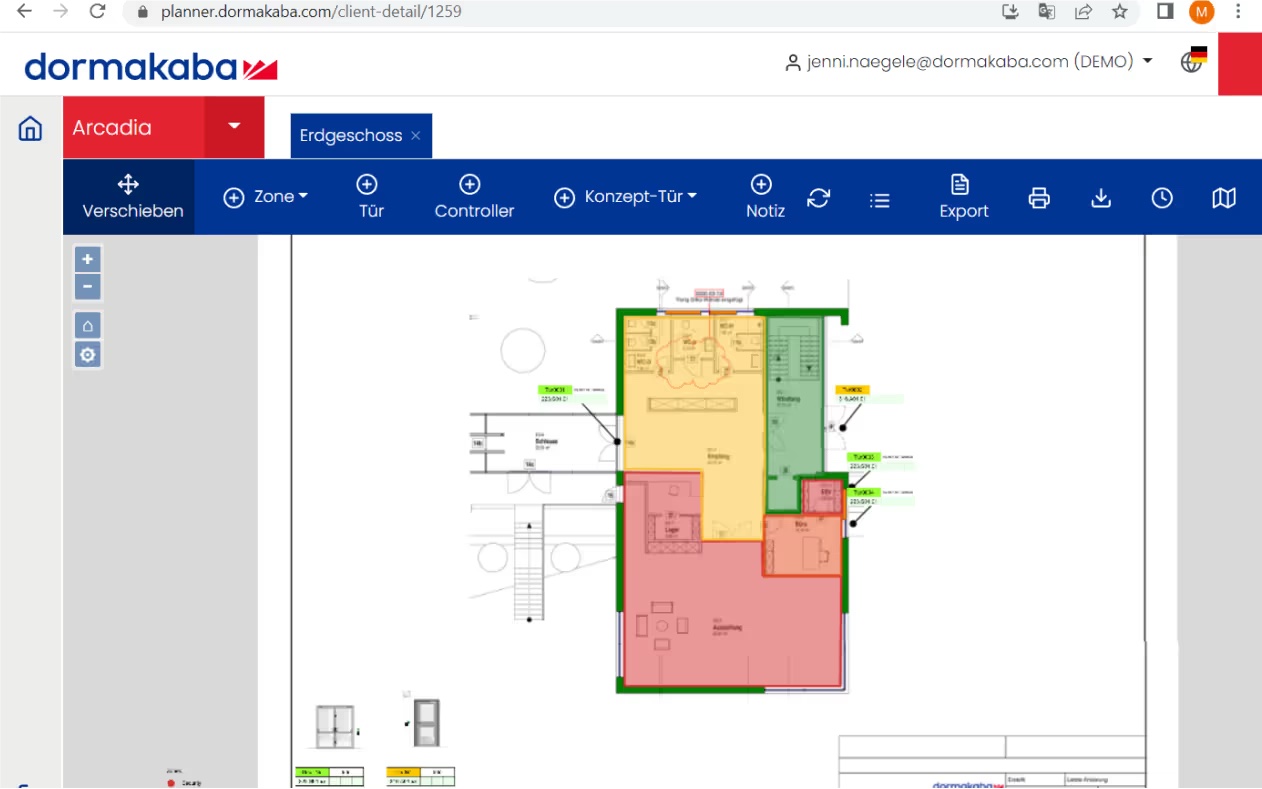 EntriWorX Planner in a browser, showing a building floor plan with doors and access zones colour-coded by security level during execution planning.