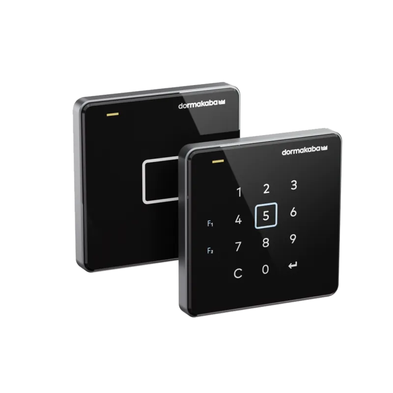 dormakaba New Reader Portfolio: two black glass access readers, one card reader and one with keypad