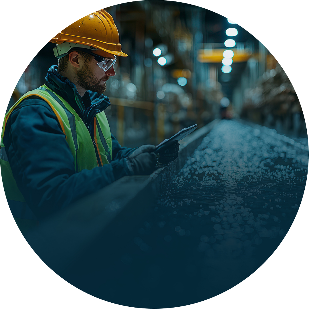 Man in PPE with tablet in a utility building