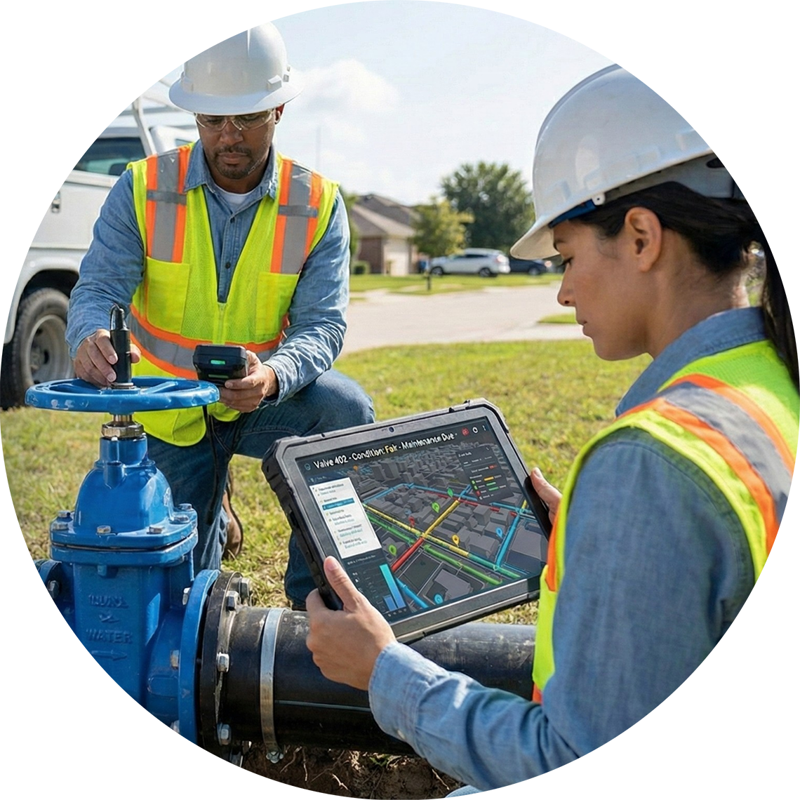 Man in PPE with tablet in a utility building