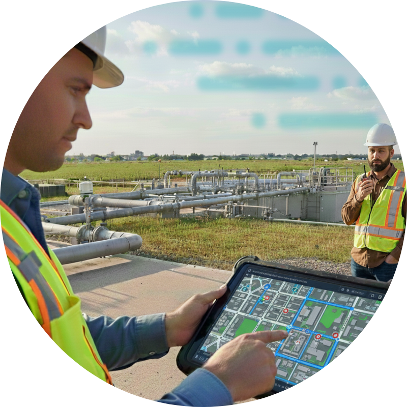 Man in PPE with tablet in a utility building