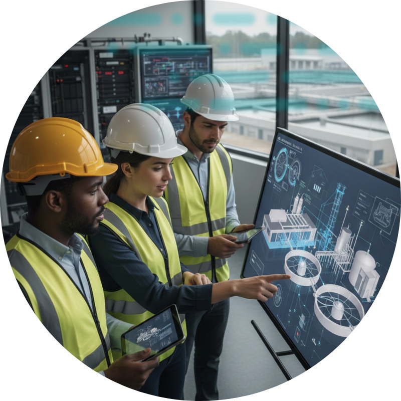 Man in PPE with tablet in a utility building