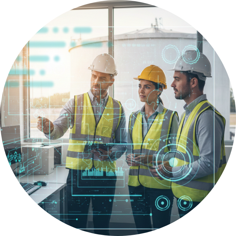 Man in PPE with tablet in a utility building