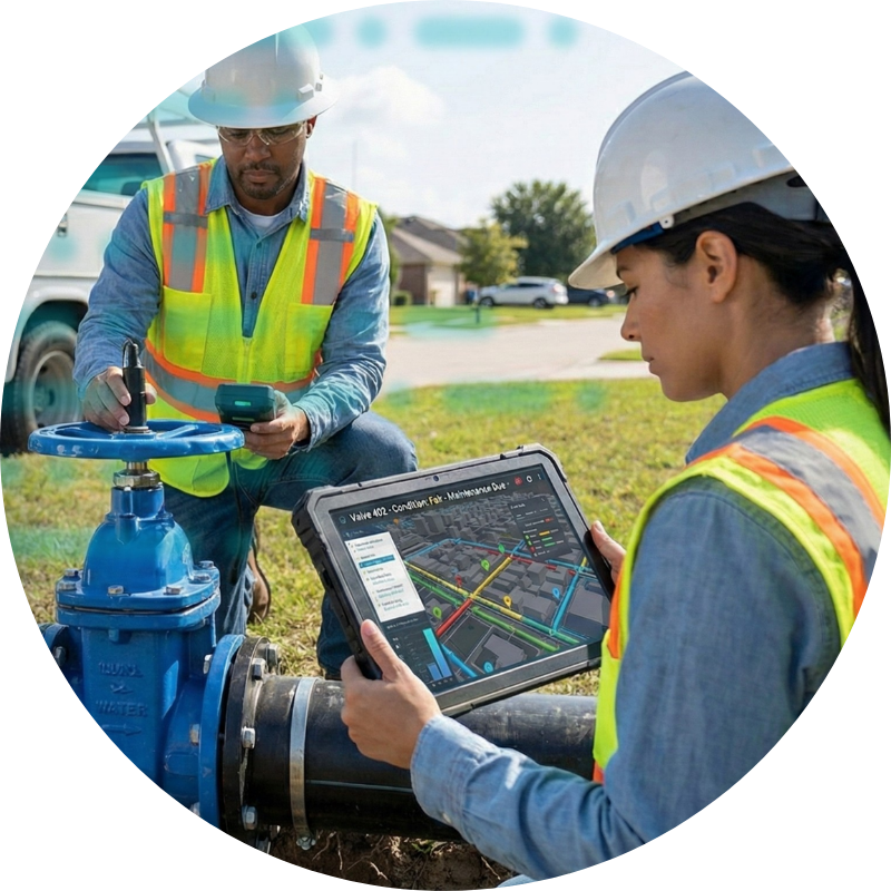 Man in PPE with tablet in a utility building