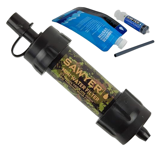 A camouflage pattern Sawyer Products mini water filter with a squeeze pouch, straw and a cleaning plunger