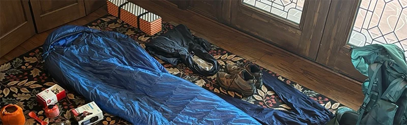 Gear laid on the floor.