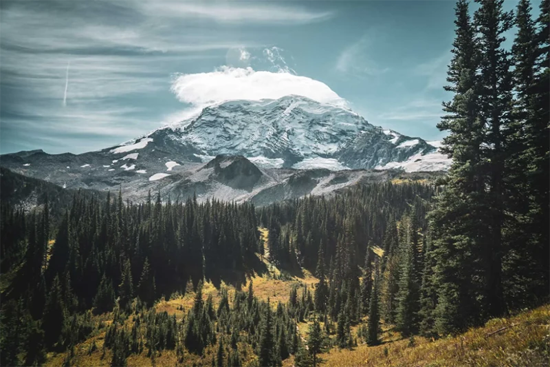 A mountain with clouds.