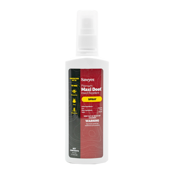 A bottle of Sawyer premium maxi deet insect repellent