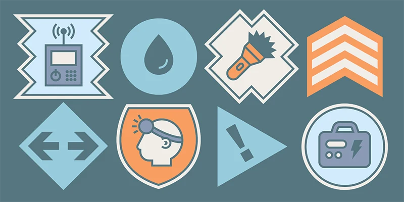 Emergency graphics on a blue background.