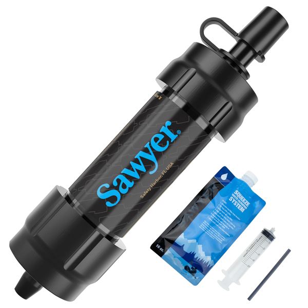 A black Sawyer Products mini water filter with a squeeze pouch, straw and a cleaning plunger