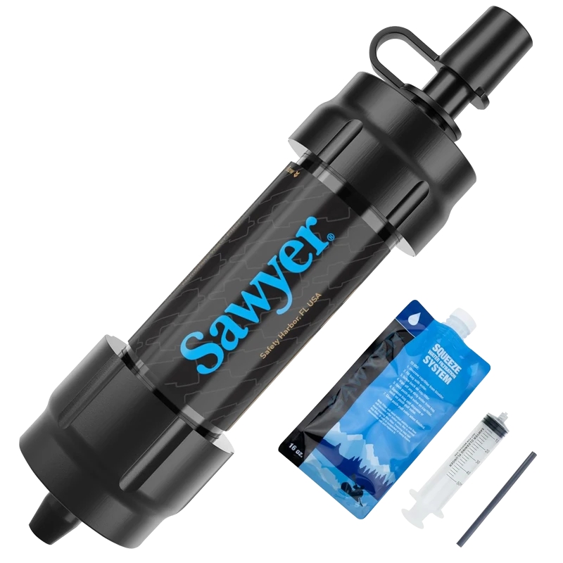 A black Sawyer Products mini water filter with a squeeze pouch, straw and a cleaning plunger