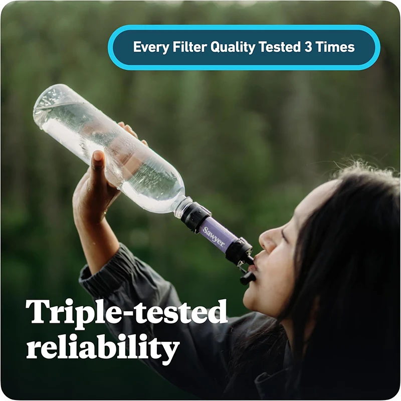 Woman drinking from Sawyer mini water filter attached to water bottle with text reading "Every filter quality tested 3 times" and "Triple-tested reliability"
