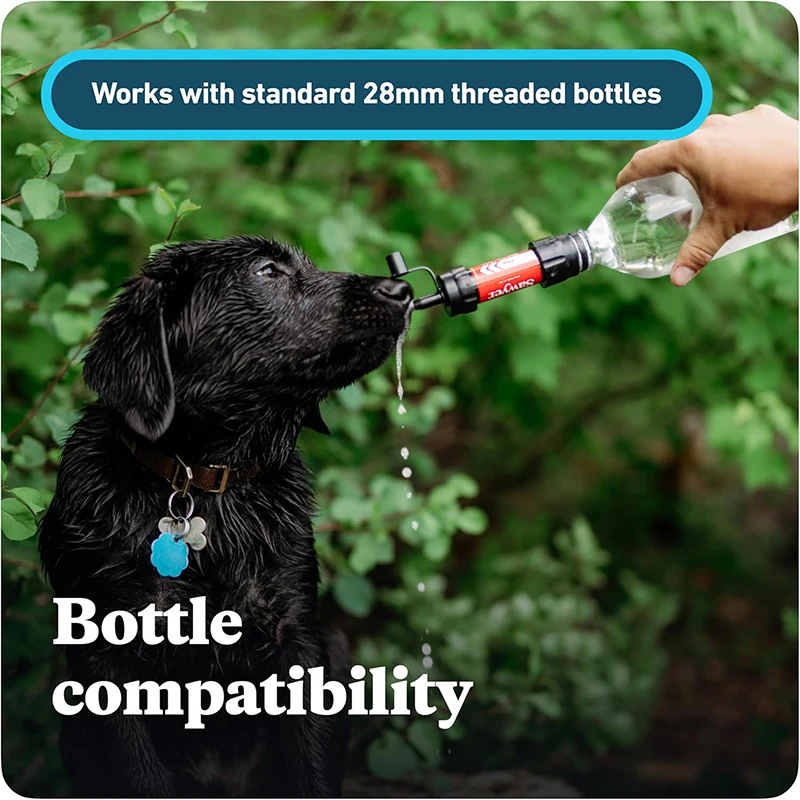 Person holding five multi-colored Sawyer mini filters in hand with text reading "Longer lasting filter" and "Filter up to 100,000 gallons