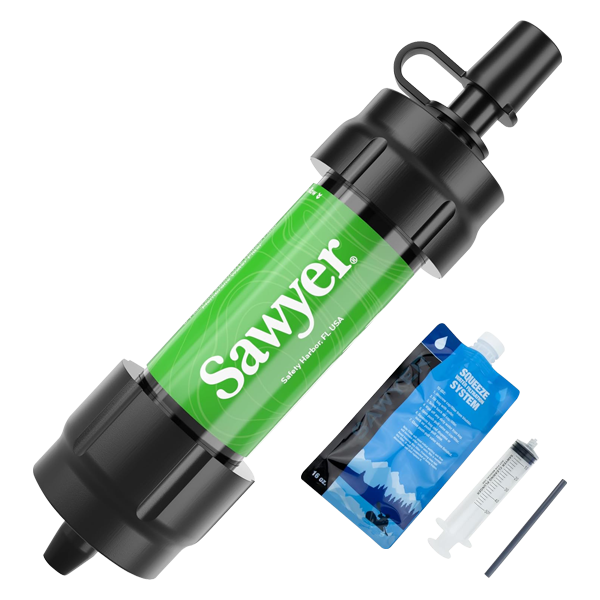 A green Sawyer Products mini water filter with a squeeze pouch, straw and cleaning plunger