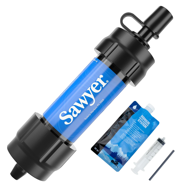 A blue Sawyer Products mini water filter