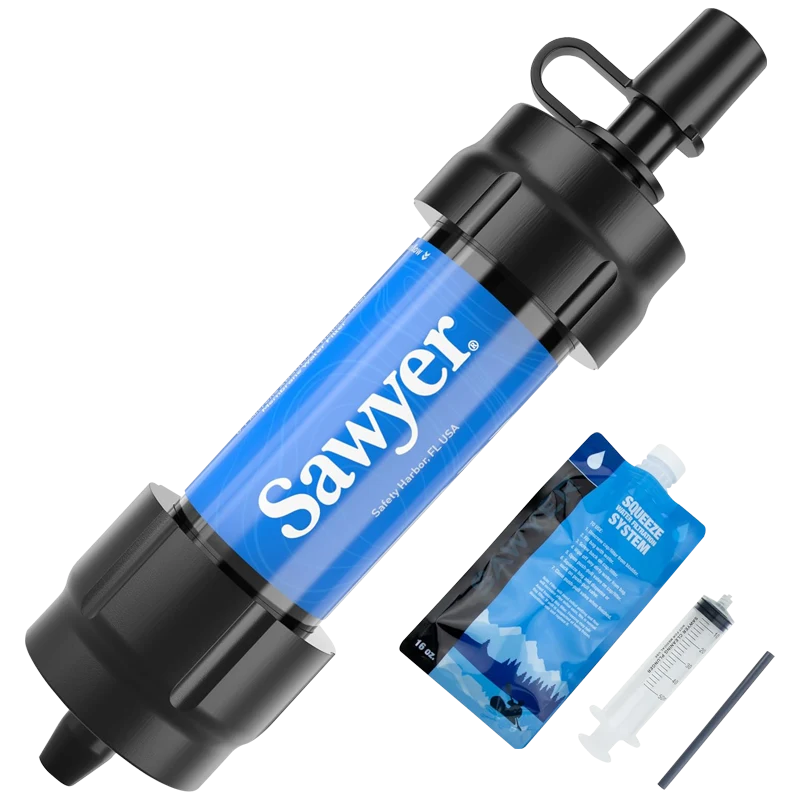 A blue Sawyer Products mini water filter