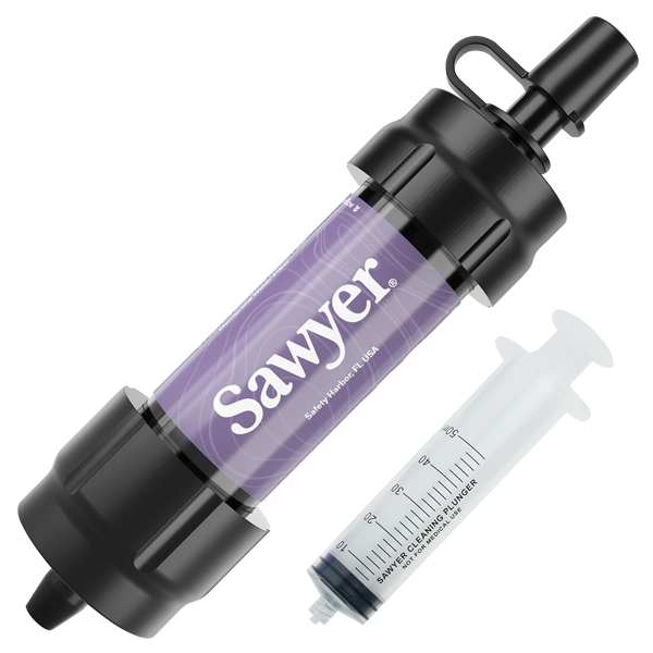 A single purple Sawyer mini water filter