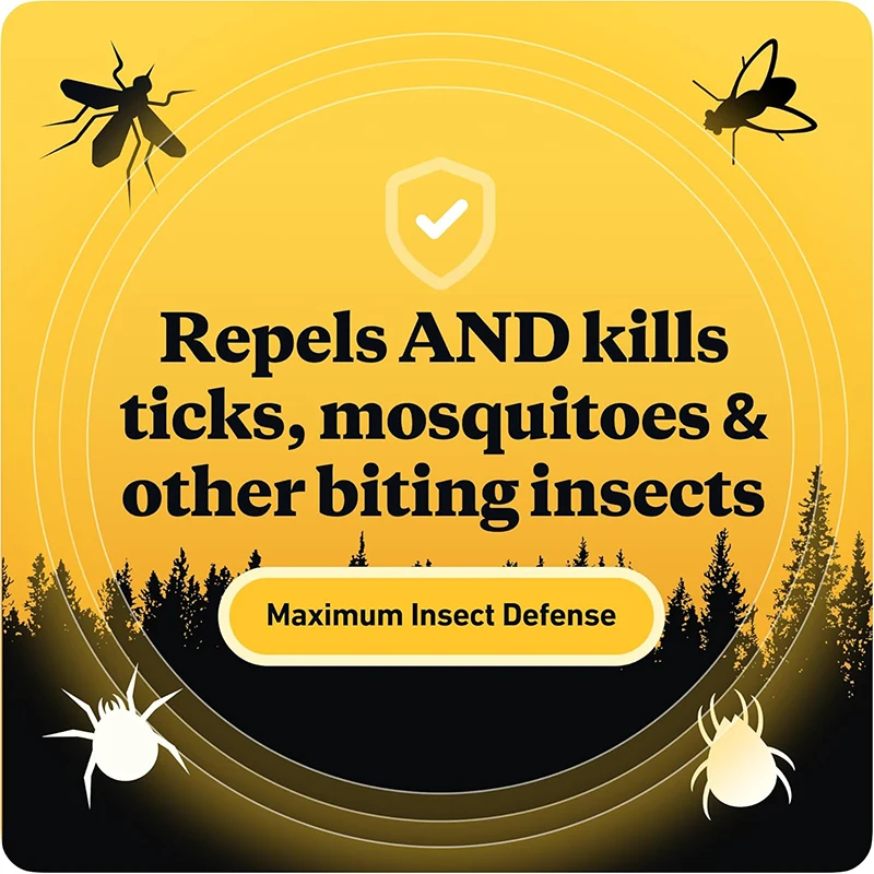 Infographic for Sawyer Permethrin reading "Repels and kills ticks, mosquitoes & other biting insects. maximum insect defense"