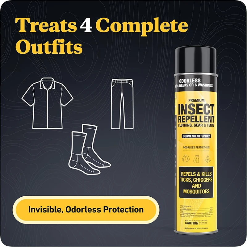 Infographic Sawyer Permethrin treats 4 complete outfits. Invisible, odorless protection