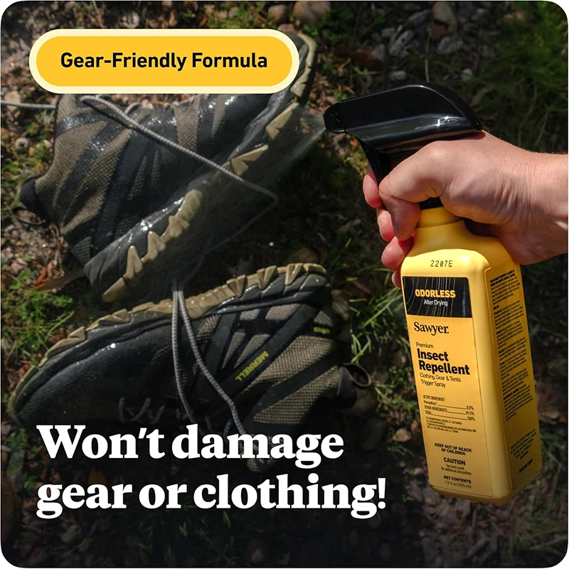 Person spraying hiking boots with Sawyer permethrin insect repellent fabric treatment with text reading "Gear-friendly formula. Won't damage gear or clothing!"