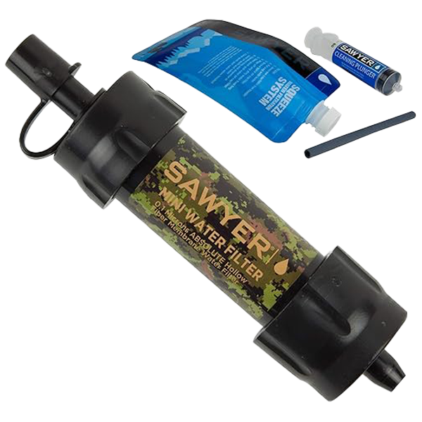 A camouflage pattern Sawyer Products mini water filter with a squeeze pouch, straw and a cleaning plunger