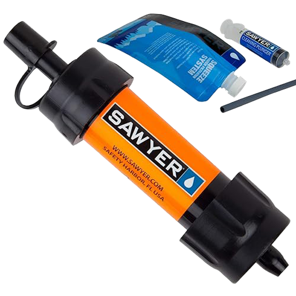 A orange Sawyer Products mini water filter with a squeeze pouch, straw and a cleaning plunger