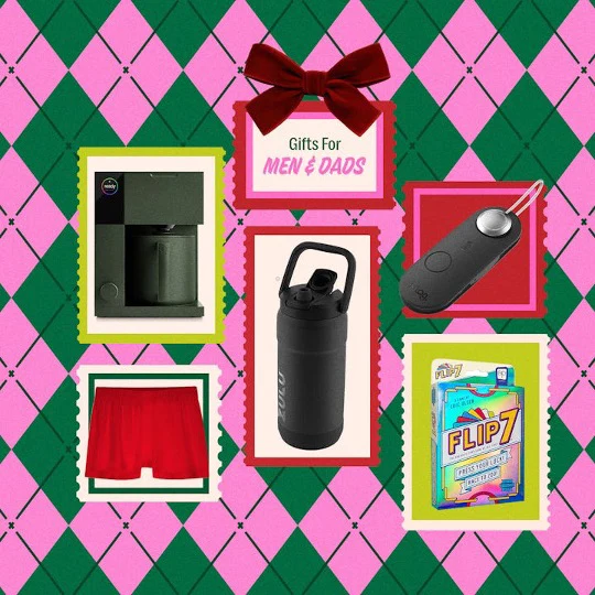 A coffee maker, boxer briefs, a water bottle, a game, and a luggage tag.